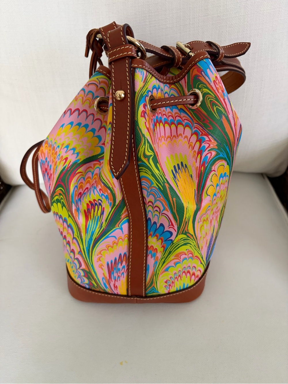 Dooney & Bourke Multicolor Swirl Print Leather-Trim Drawstring Bag - Picture 3 of 5